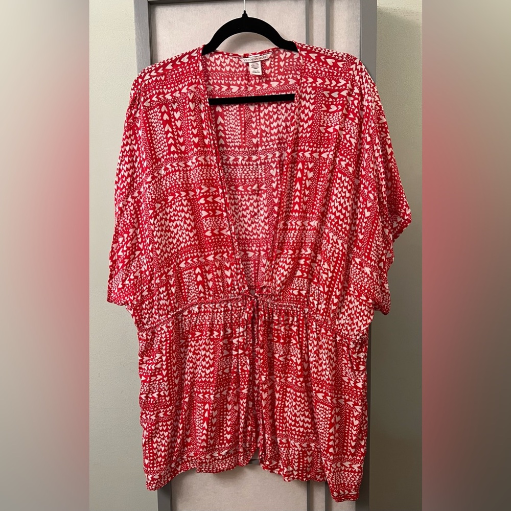 Victoria's Secret One size OS Red White Hearts Print Kimono Robe Drawstring